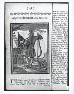 Major Stepe Bonnet, strona 38 z Historii i życia wszystkich najbardziej znanych piratów i ich załóg, Londyn, 1725 autorstwa American School