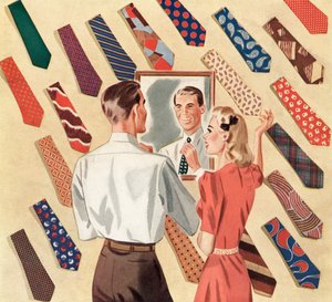 Mężczyzna prostuje krawat w lustrze pośród wielu męskich krawatów autorstwa American School