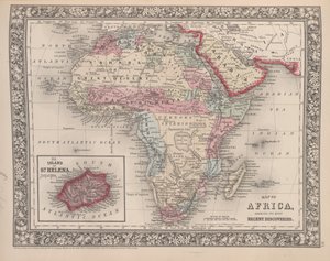 Mapa Afryki przedstawiająca jej najnowsze odkrycia z wstawką Wyspa św. Heleny z nowego atlasu generalnego Mitchell, 1863 (kolorowe grawerowanie)