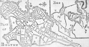 Mapa Bostonu, wydrukowana w Bickerstaffs Albany Almanack, 1776 (druk)