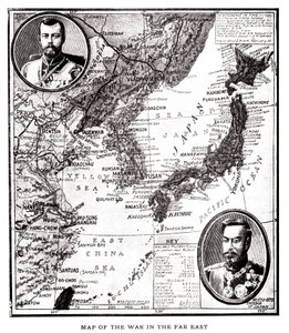 Mapa wschodniej Rosji, Korei i Japonii podczas konfliktu japońsko-rosyjskiego (1904-1905). W medalionie car Rosji Mikołaj II (1868-1918) i cesarz Japonii Meiji (1852-1912). Ilustracja w "Rosja i Japonia oraz pełna historia wojny w autorstwa American School