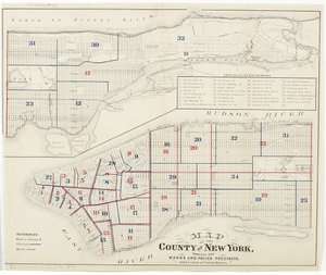 Mapa hrabstwa Nowy Jork, pokazująca okręgi i obwody policyjne oraz lokalizację posterunków, 1870 (tusz na papierze) autorstwa American School