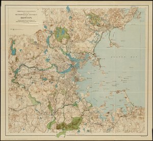 Mapa dzielnicy metropolitalnej Bostonu w stanie Massachusetts: ukazująca lokalne rezerwacje publiczne i posiadłości Komisji Metropolitan Park, 1901 autorstwa American School