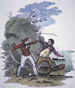 Mary Read walczy z innym piratem, aby ocalić życie swojego kochanka (kolorowy grawerunek) autorstwa American School