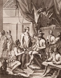 Montezuma przekazuje swoje imperium królowi Hiszpanii, oddając mu hołd i ślubując posłuszeństwo, z Antonio de Solis y Rivadeneira Solis Historia podboju Meksyku, rycina Ximeno autorstwa American School