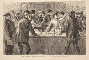 Pani Woodhull zapewniająca swoje prawo do głosowania, rycina z Harper’s Weekly, 25 listopada autorstwa American School