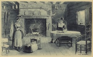Dom pionierów z Nowej Anglii (litografia) autorstwa American School