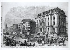 Nowy Jork: Demonstracja kolorowych mieszkańców Nowego Jorku na cześć przyjęcia piętnastej poprawki do konstytucji Stanów Zjednoczonych, 8 kwietnia 1870, z „Frank Leslie