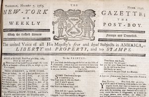 Nagłówek New York Gazette deklarujący sprzeciw wobec znaczków, wydrukowany 7 listopada 1765 (druk) autorstwa American School