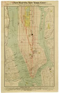 Nowa mapa Nowego Jorku z najnowszych badań pokazująca wszystkie doki promów i parowców, wzniesienia, metro elektryczne [sic] i linie przecinające miasto. autorstwa American School