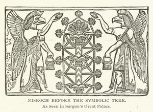 Nisroch przed Symbolicznym Drzewem, jak widać w Wielkim Pałacu Sargons autorstwa American School
