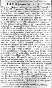Strona nekrologu z Boston Intelligencer, 16 maja 1818 (druk) autorstwa American School
