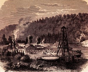 Pola naftowe w Titusville w Pensylwanii, z pierwszym odwiertem Derrick wynalezionym przez Edwina Laurentine Drake w 1859 r., grawerowanie, USA autorstwa American School