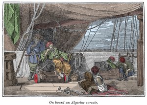Na pokładzie statku algierskich piratów Ilustracja z „Własnej księgi piratów, autentyczne narracje najsłynniejszych rabusiów morskich” Charlesa Ellmsa, Boston 1837 autorstwa American School