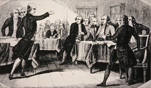 Patrick Henry przed Zgromadzeniem Wirginii w marcu 1775 (lito) autorstwa American School