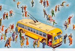Piesi wsiadający do autobusu miejskiego autorstwa American School