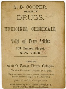 Perfumowane wodą kolońską Austens Forest Flower; S.B. Cooper, handlarz narkotyków? [karta handlowa verso] (odbitka) autorstwa American School