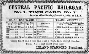 Odbitka fotograficzna oryginalnego rozkładu jazdy Central Pacific Railroad Companys na dzień 6 czerwca 1864 r. 1864 r autorstwa American School