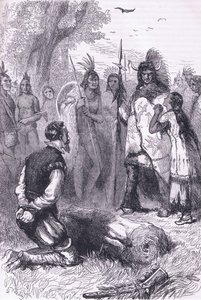 Pocahontas ratuje życie kapitana Smitha, ilustracja z pubu Cassell