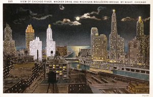 Pocztówka z Chicago nocą, ok. 1930 autorstwa American School