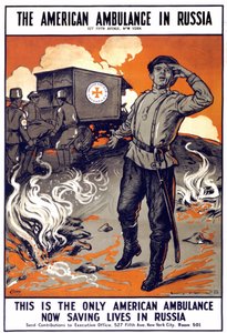 Plakat „Amerykańska karetka pogotowia w Rosji - to jedyna amerykańska karetka pogotowia ratująca życie w Rosji” . „”, s.d. w latach 1914 - 1918. autorstwa American School