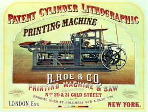 Plakat reklamujący Patent Cylinder Litographic Printing Machine, R. Hoe & Co., Londyn i Nowy Jork