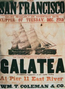 Plakat reklamujący trasę statku kliprowego „Galatea” z Nowego Jorku do San Francisco, ok. 1855 (kolor lito) autorstwa American School