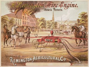 Plakat reklamujący Remington Fire Engine wyprodukowany przez Remington Agricultural Company, c.1890