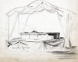 Trumna prezydenta Abrahama Lincolna leżąca w stanie w Białym Domu, Waszyngton, kwiecień 1865 (ołówek, tusz i pranie na papierze) autorstwa American School