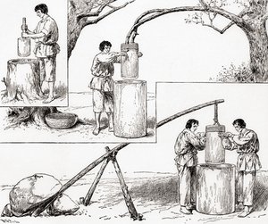 Prymitywne sposoby mielenia kukurydzy, z „The Century Illustrated Monthly Magazine”, opublikowanego w 1884 r. (drewno) autorstwa American School