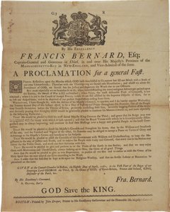 Proklamacja w imieniu Francisa Bernarda, gubernatora Massachusetts Bay: ogłoszenie dnia postu podczas wojny francusko-indyjskiej, 8 kwietnia 1761 autorstwa American School