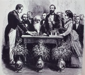 Profesor Samuel Finley Breese Morse (1791-1872) wyjaśnia funkcję swojego wynalazku autorstwa American School