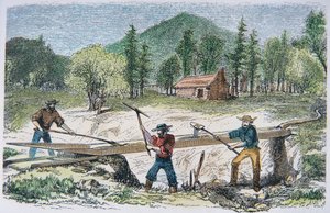 Poszukiwacze korzystający ze śluzy podczas kalifornijskiej gorączki złota 1849 (kolor lito) autorstwa American School