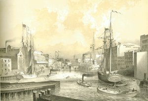 Rush Street Bridge, View from State Street, z Chicago Illustrated, z opisami literackimi Jamesa W. Sheahana, wyd. Jevne & Almini, Chicago, 1866-67 autorstwa American School