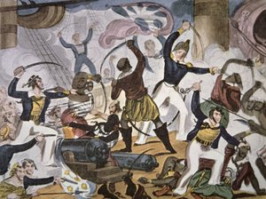 Marynarze Królewskiej Marynarki Wojennej na pokład statku pirackiego Algerine, ok. 1820 (kolor lito) autorstwa American School
