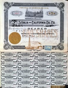 Certyfikat udziałowy dla Sedalia and Californian Oil Company, USA, 1901 r. autorstwa American School