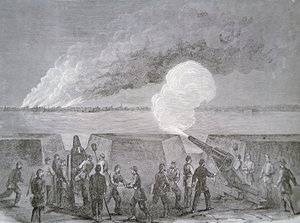 Oblężenie Charleston, miasta płonącego pod bombardowaniem, 3 stycznia 1864, z tygodnika Harpera (grawerowanie) autorstwa American School