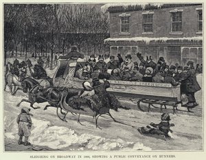 Sanie na Broadwayu w 1860 roku, pokazujące transport publiczny na biegaczach (litos) autorstwa American School