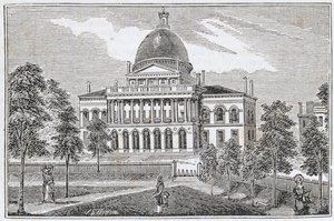 Widok południowy na State House w Bostonie przy Beacon Street, z „Historical Collections of Massachusetts”, autorstwa Johna Warnera Barbera, grawerowany przez SE Browna, 1839 autorstwa American School
