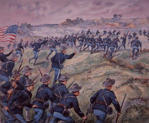 Wojna hiszpańsko-amerykańska 1898, wojska amerykańskie szturmują wzgórza San Juan na Kubie (kolor lito) autorstwa American School