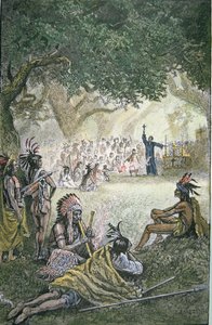 Hiszpańscy misjonarze jezuiccy nawracający rdzennych Amerykanów w Kalifornii w XVII wieku (kolor lito) autorstwa American School