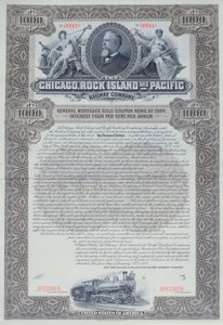 Wzór świadectwa obligacji na 1000 dolarów dla Chicago, Rock Island i Pacific Railway Company, 1898 autorstwa American School