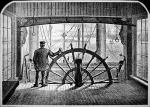 Pilot parowca w sterówce, ok. 1870 (rycina) autorstwa American School