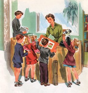 Uczniowie w bibliotece szkolnej, ok. 1950 r. (sitodruk) autorstwa American School