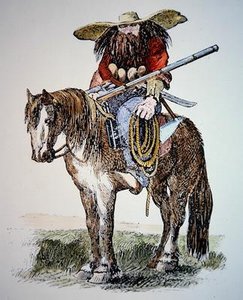 Kreskówka Texas Ranger, przedstawiająca miejski wschodni widok dzikiego i włochatego Rangera autorstwa American School