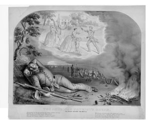Amerykańscy patrioci śnią noc przed bitwą, pub. autorstwa Curriera i Ivesa, 1861