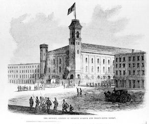 Zbrojownia, róg Siódmej Alei i Trzydziestej Piątej Ulicy, scena z Zamieszek Poborowych w Nowym Jorku, 1863 autorstwa American School