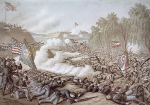 Bitwa pod Koryntem, 3-4 października 1862, pokazująca flagi Północy i Południa, Kurz & Allison (kolor lito) autorstwa American School