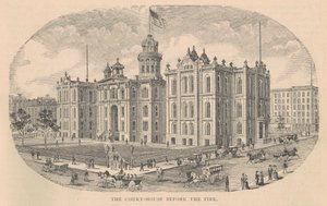 Sąd przed ogniem, wydrukowany przez Moss Engraving Co., Nowy Jork, ilustracja z Historii Chicago tom. 2 Alfreda Theodore