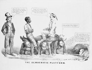 Polityczny rysunek „Platformy Demokratycznej” komentujący stanowisko Partii Demokratycznej w sprawie niewolnictwa, ok. 1856 r. autorstwa American School